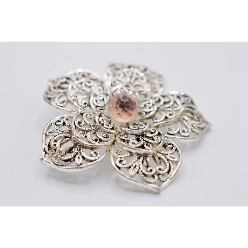 Monet Vintage Pin Brooch Silver Filigree Pink Crystal Flower Shiny Signed Bin5B